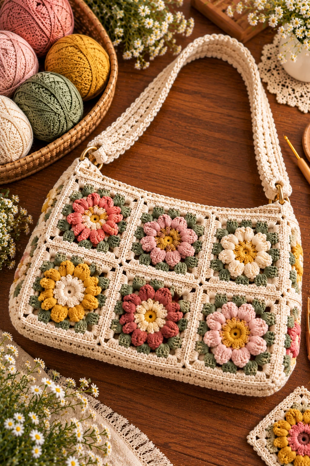 Flower-Center Granny Square Purse — granny square crochet bag pattern style outfit