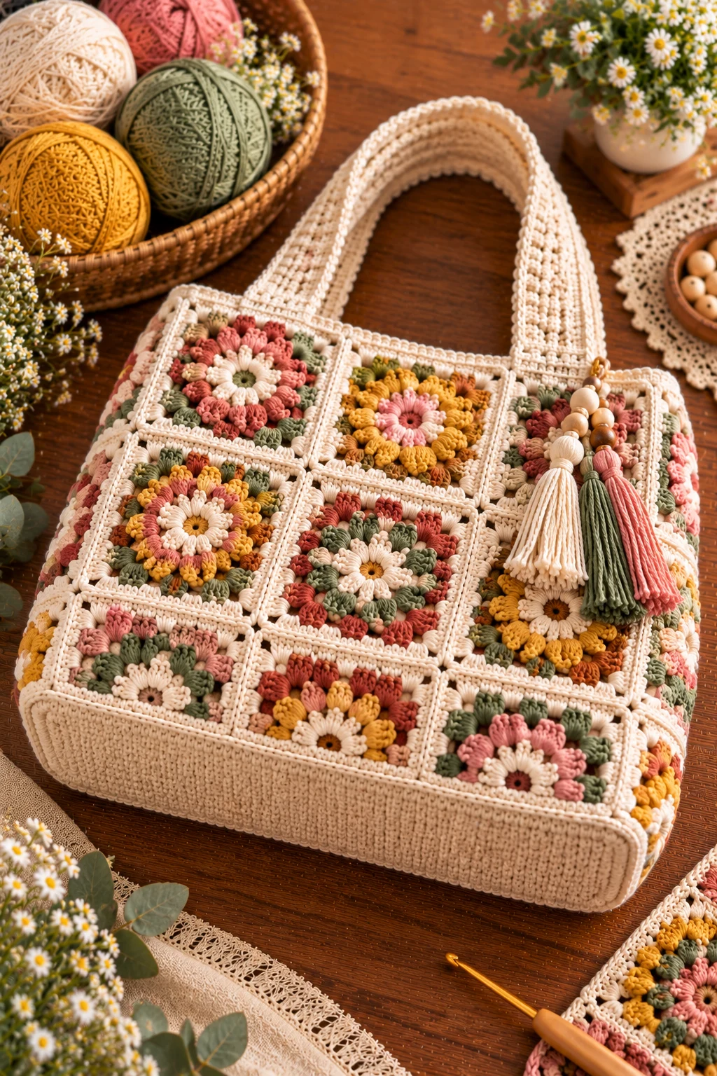 Square Bag With a Structured Base — granny square crochet bag pattern style outfit
