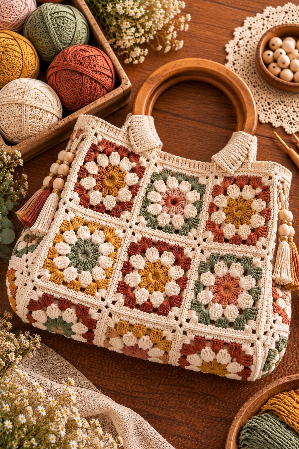 Granny Square Bag With Wooden Handles — granny square crochet bag pattern style outfit