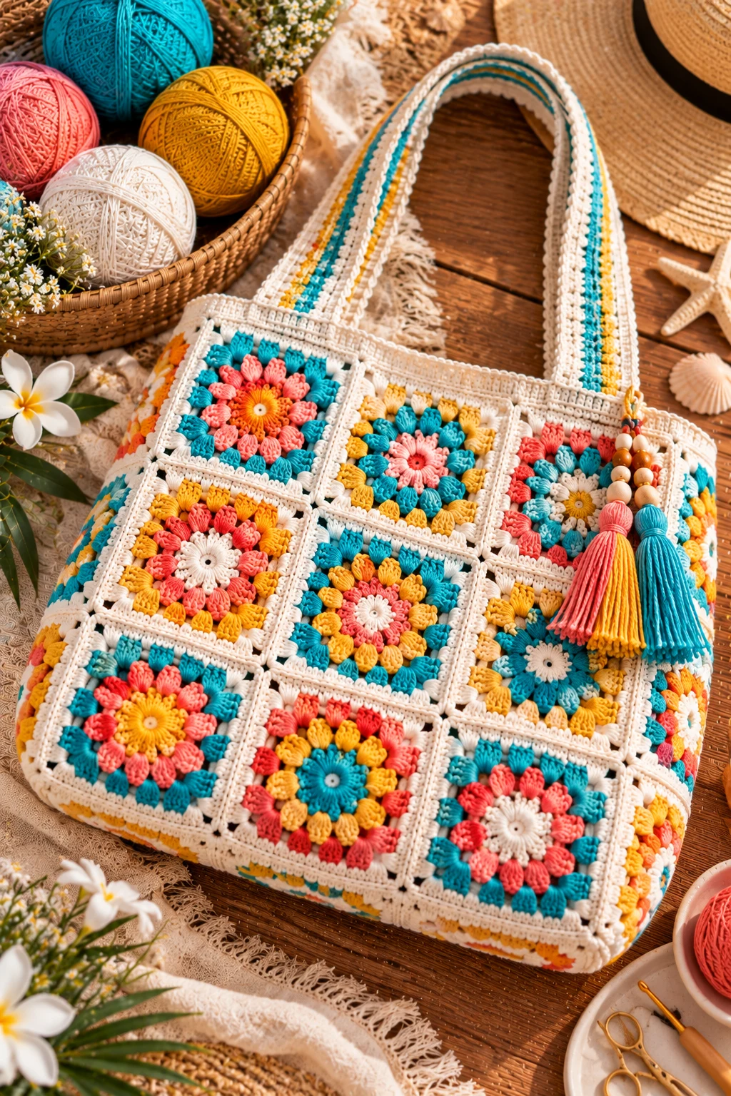Bright Summer Beach Bag — granny square crochet bag pattern style outfit