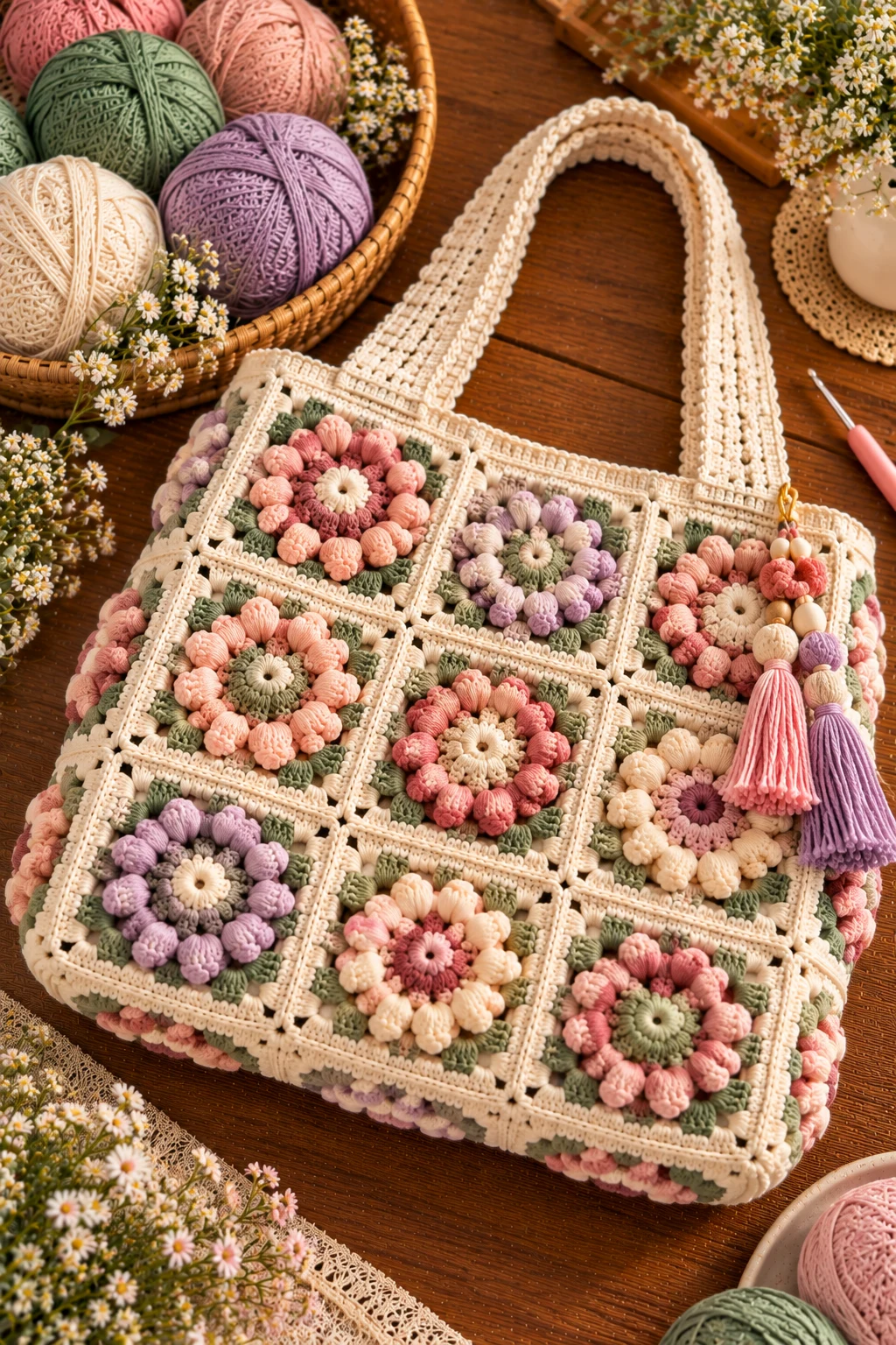 Bobble-Texture Granny Square Bag — granny square crochet bag pattern style outfit