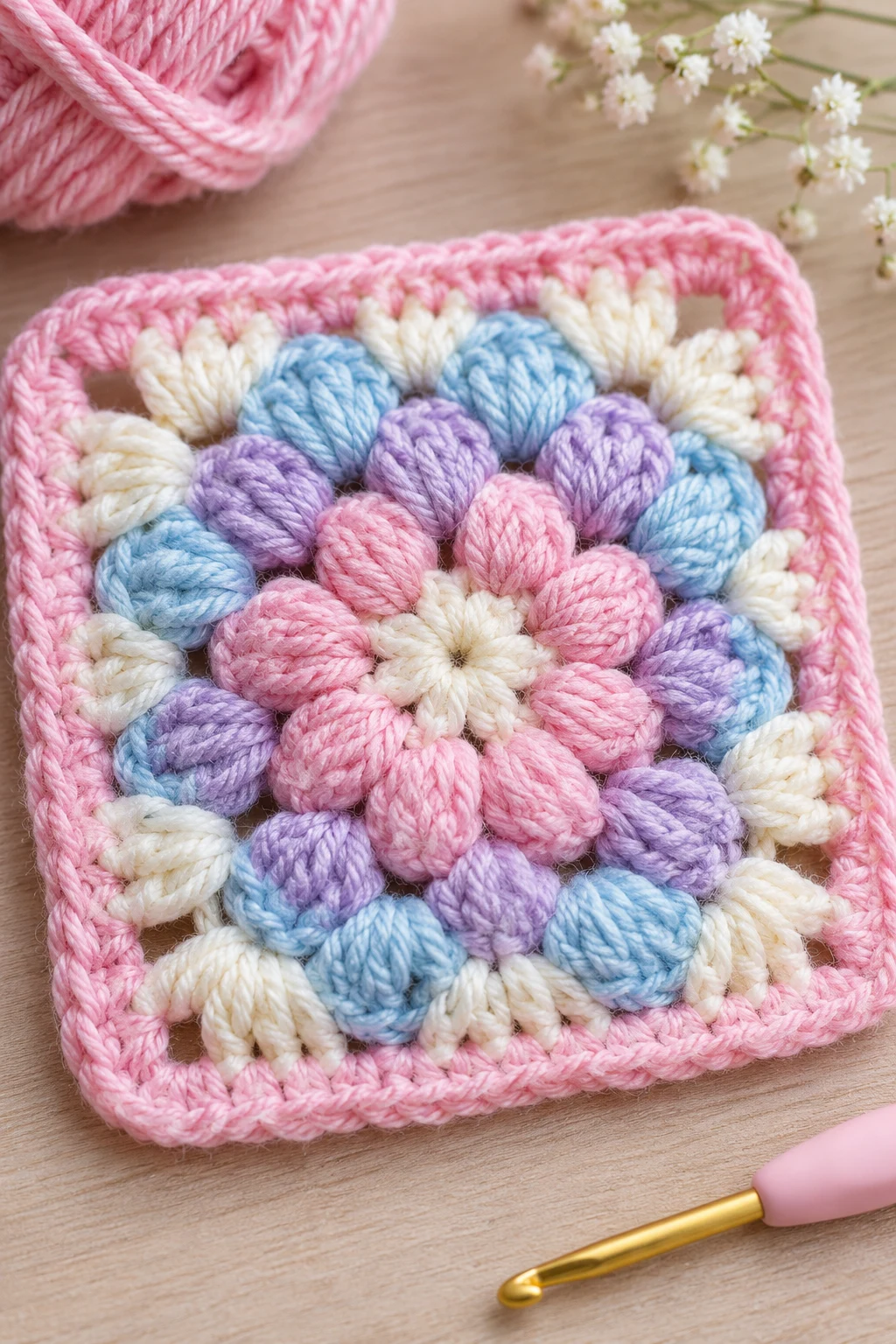 The Pastel Puff Stitch Granny Square — granny square crochet pattern beginner