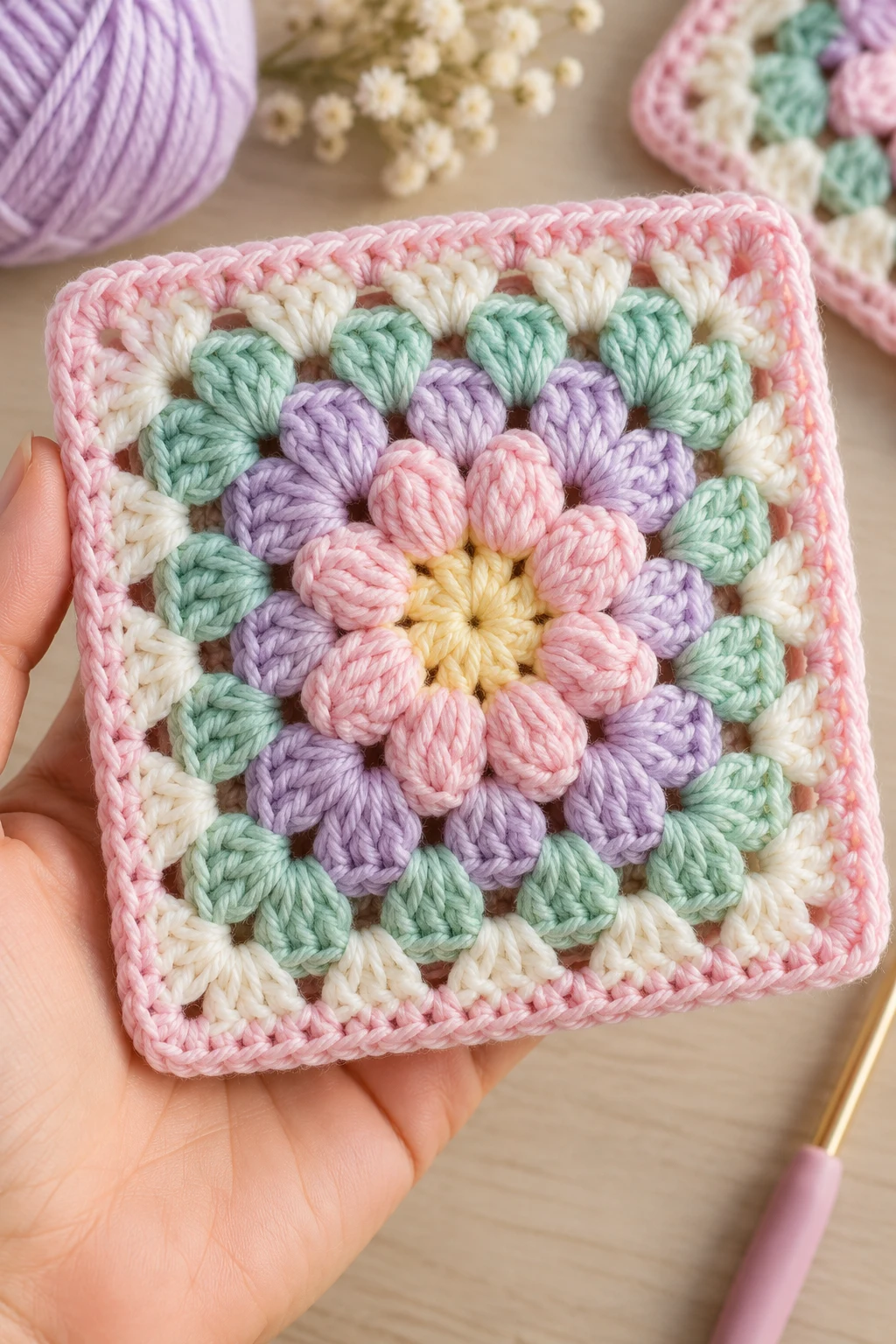 The Pastel Puff Stitch Granny Square — granny square crochet pattern diagram