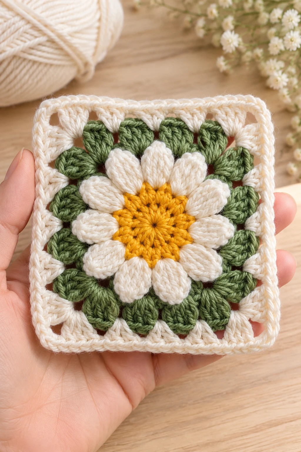The Vintage Daisy Flower Square — granny square crochet pattern diagram