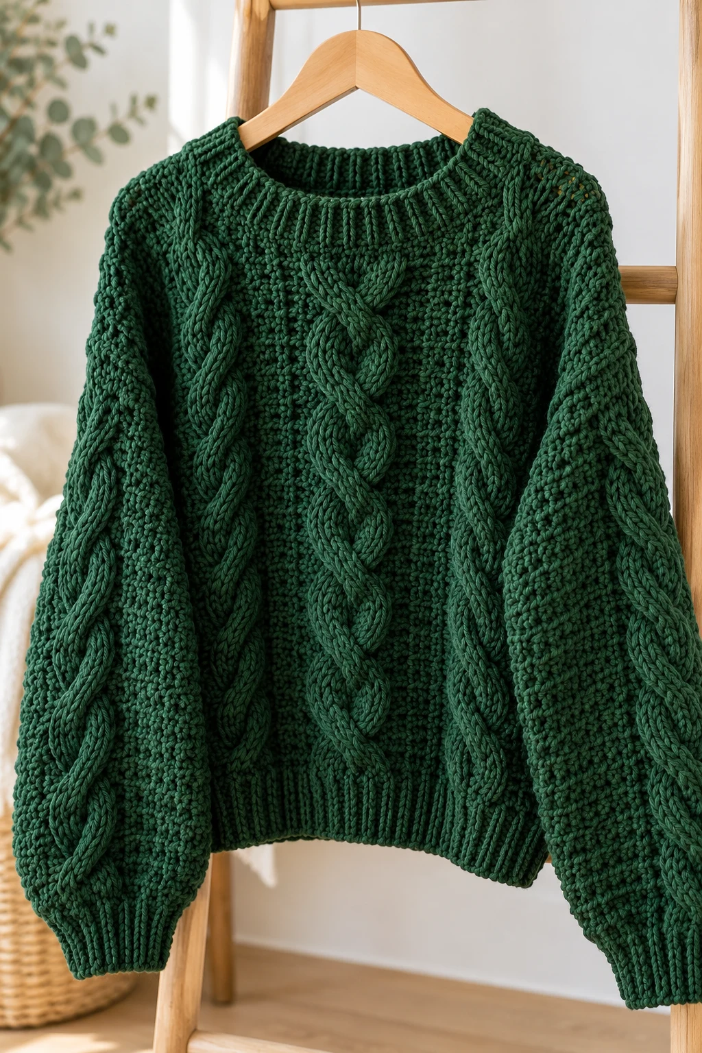 Dark Green Cable-Style Crochet Sweater — green crochet sweater with yarn style outfit