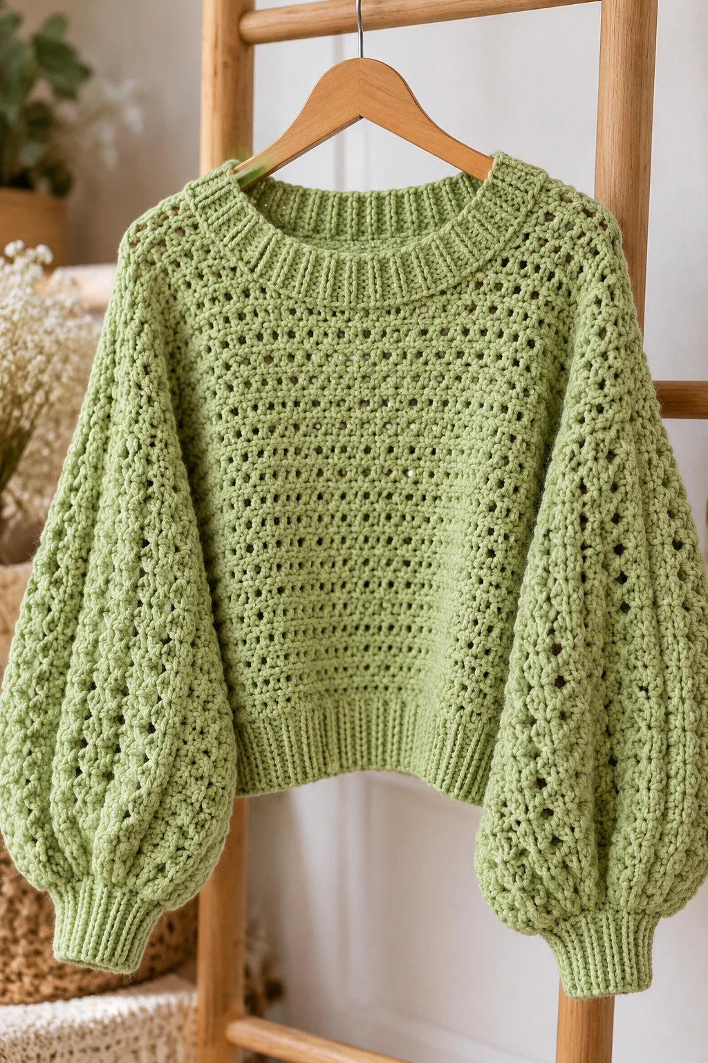 Pistachio Green Balloon Sleeve Sweater — green crochet sweater with yarn style outfit