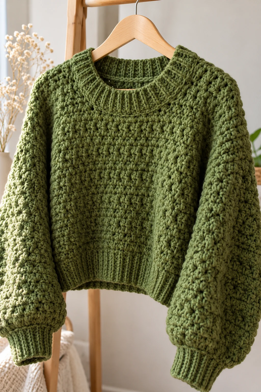 Moss Green Textured Crochet Sweater — green crochet sweater with yarn style outfit