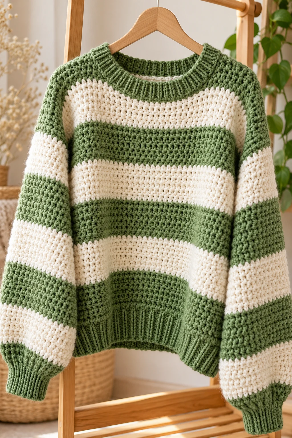 Green and White Striped Crochet Sweater — green crochet sweater with yarn style outfit