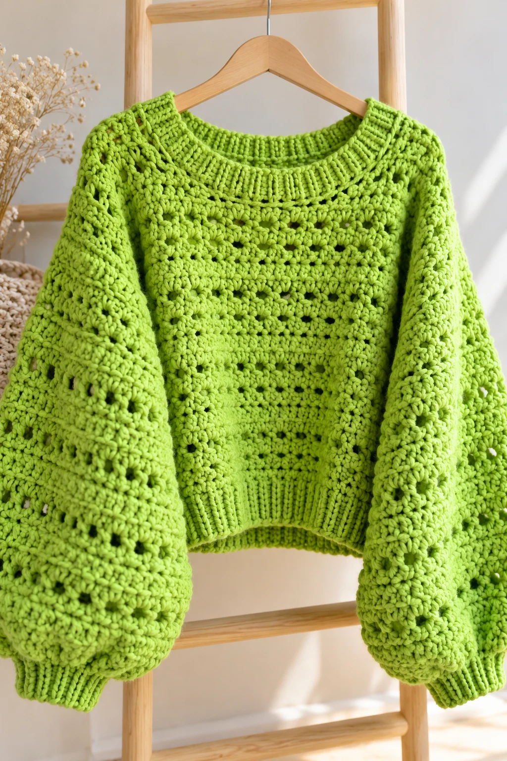 Lime Green Statement Crochet Sweater — green crochet sweater with yarn style outfit