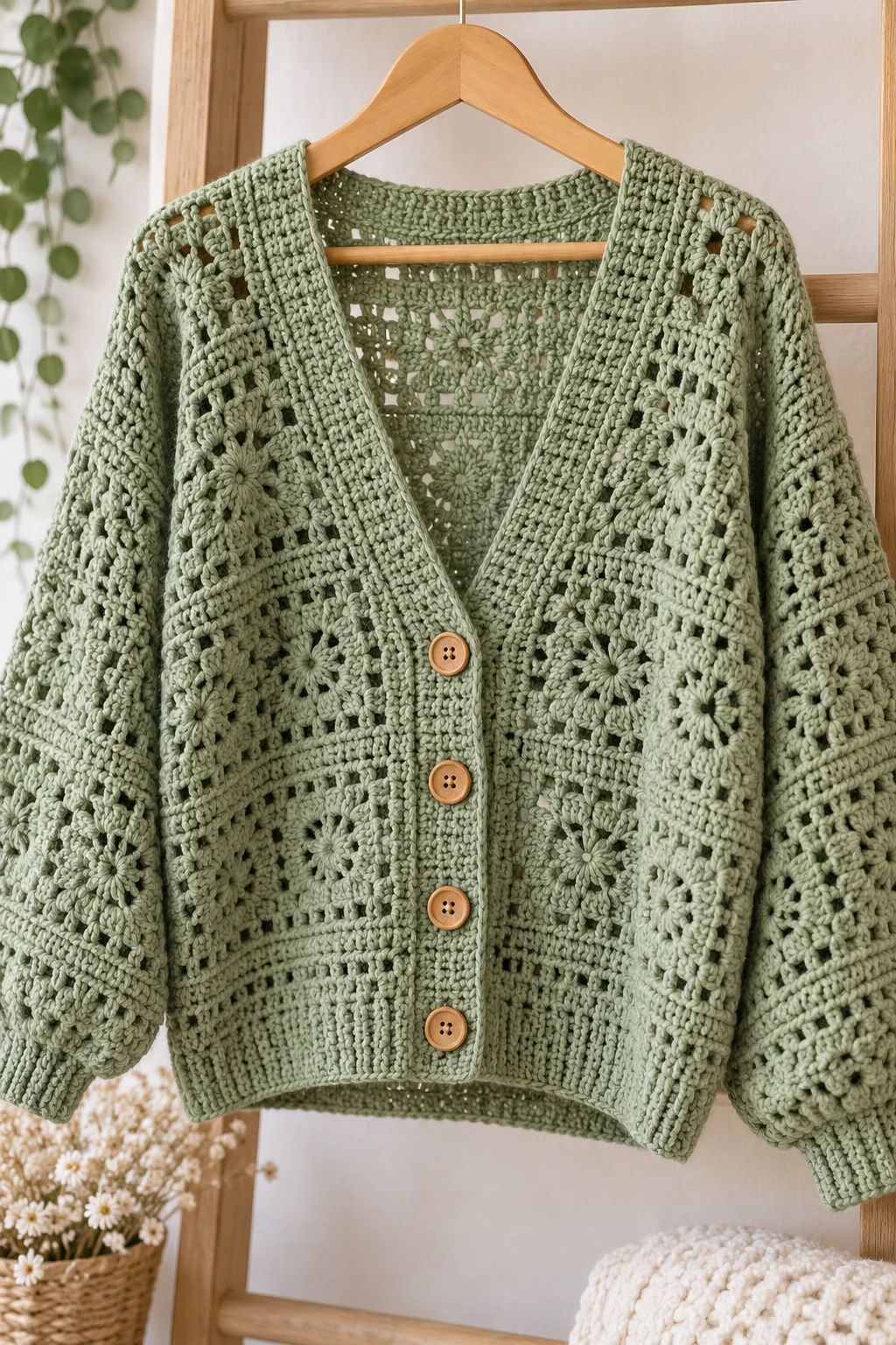 Sage Green Crochet Cardigan Sweater — green crochet sweater with yarn style outfit