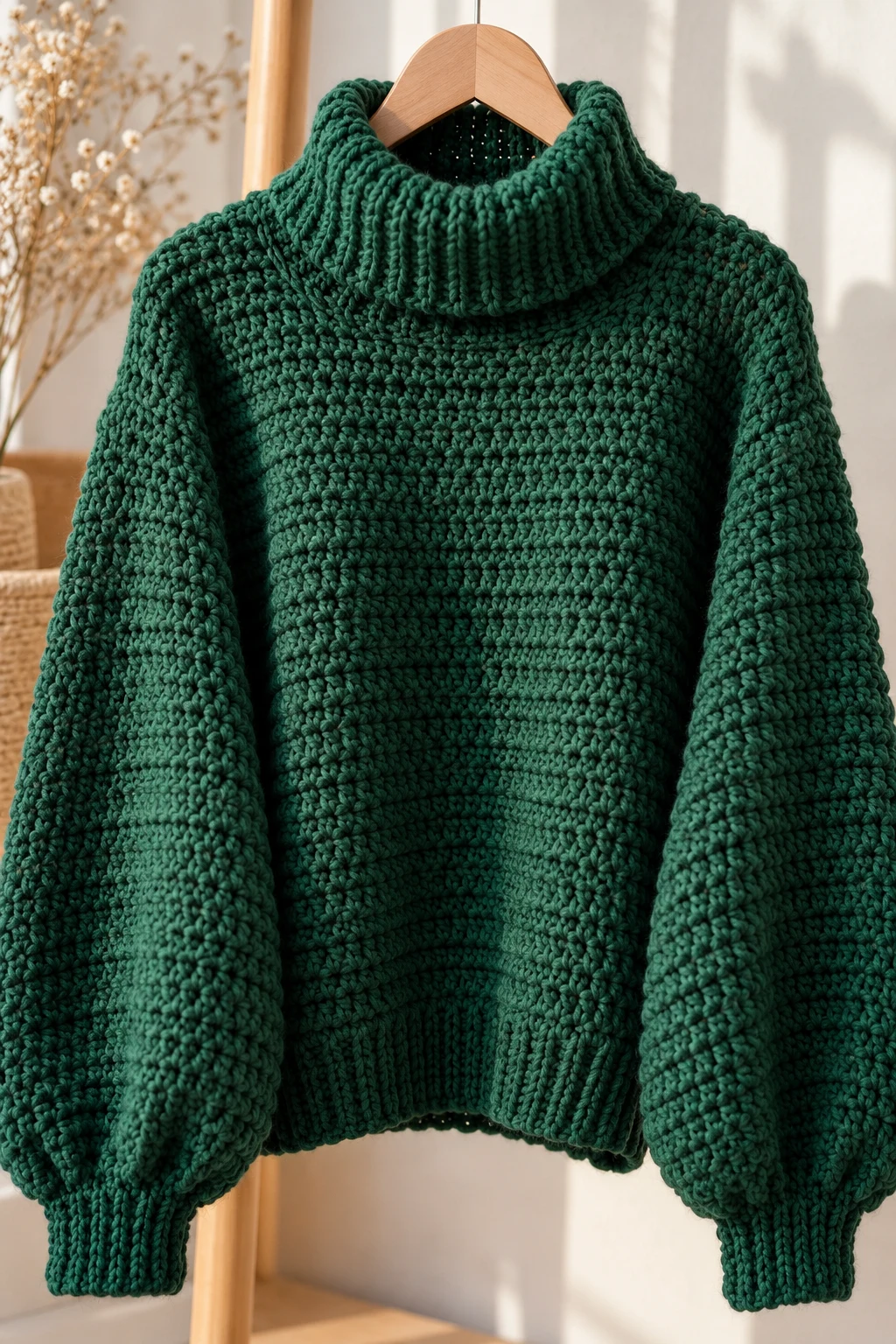 Hunter Green Turtleneck Crochet Sweater — green crochet sweater with yarn style outfit