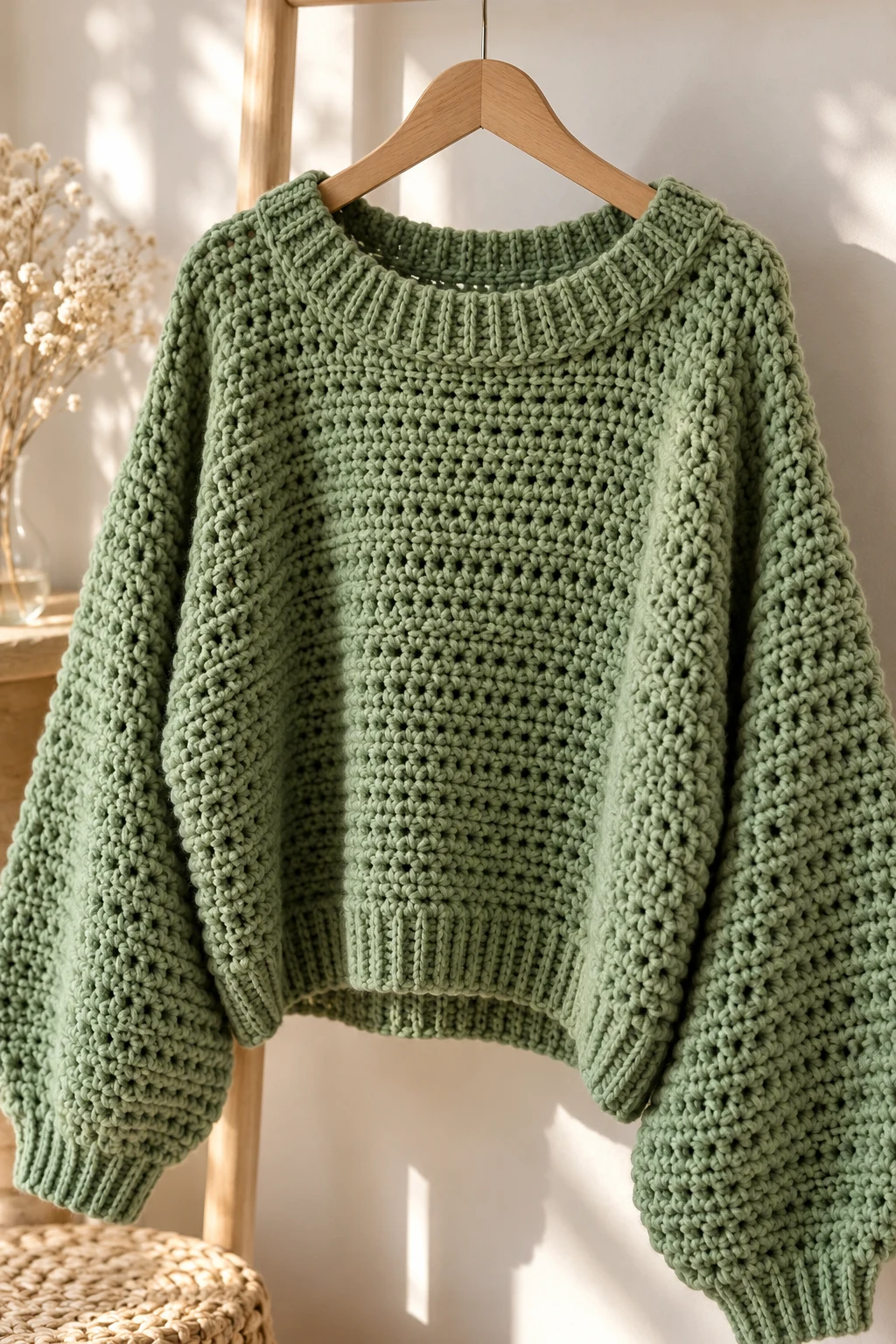 Sage Green Oversized Crochet Sweater — green crochet sweater with yarn style outfit