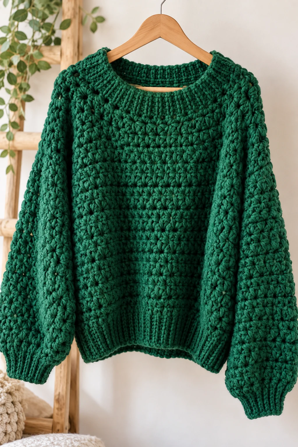 Emerald Green Chunky Crochet Pullover — green crochet sweater with yarn style outfit