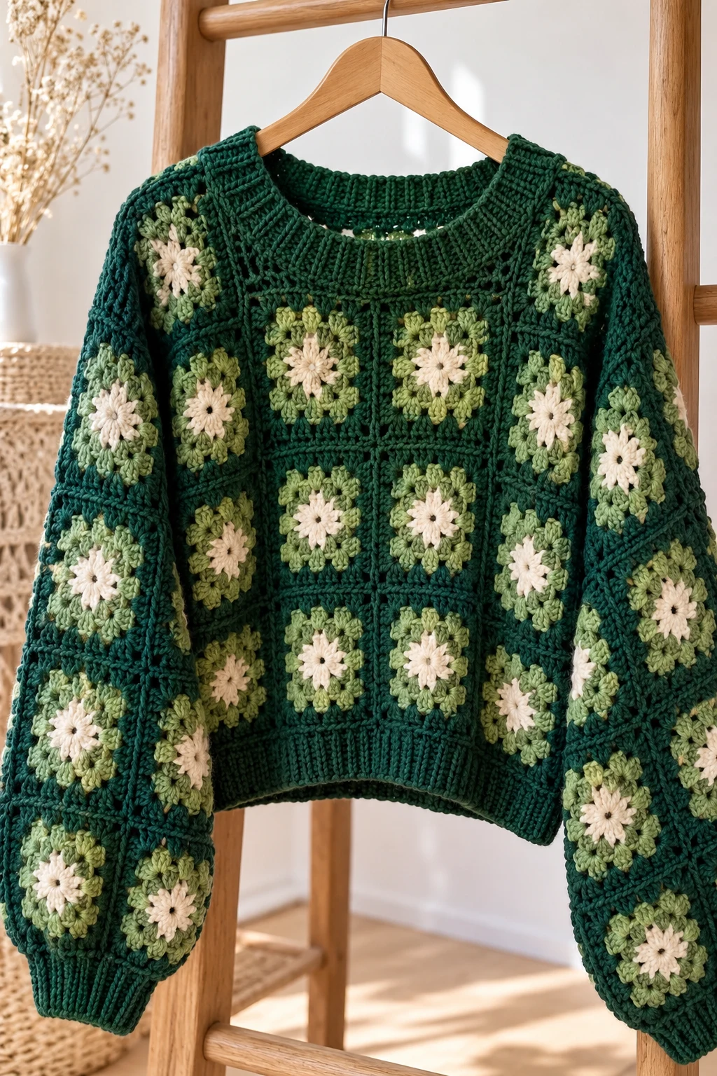 Forest Green Granny Square Sweater — green crochet sweater with yarn style outfit