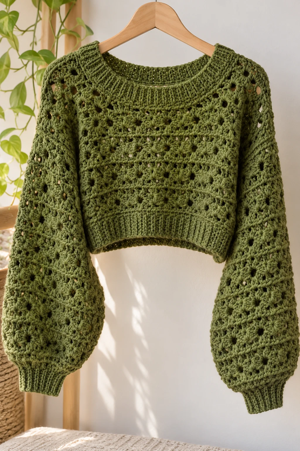 Olive Green Cropped Crochet Sweater — green crochet sweater with yarn style outfit