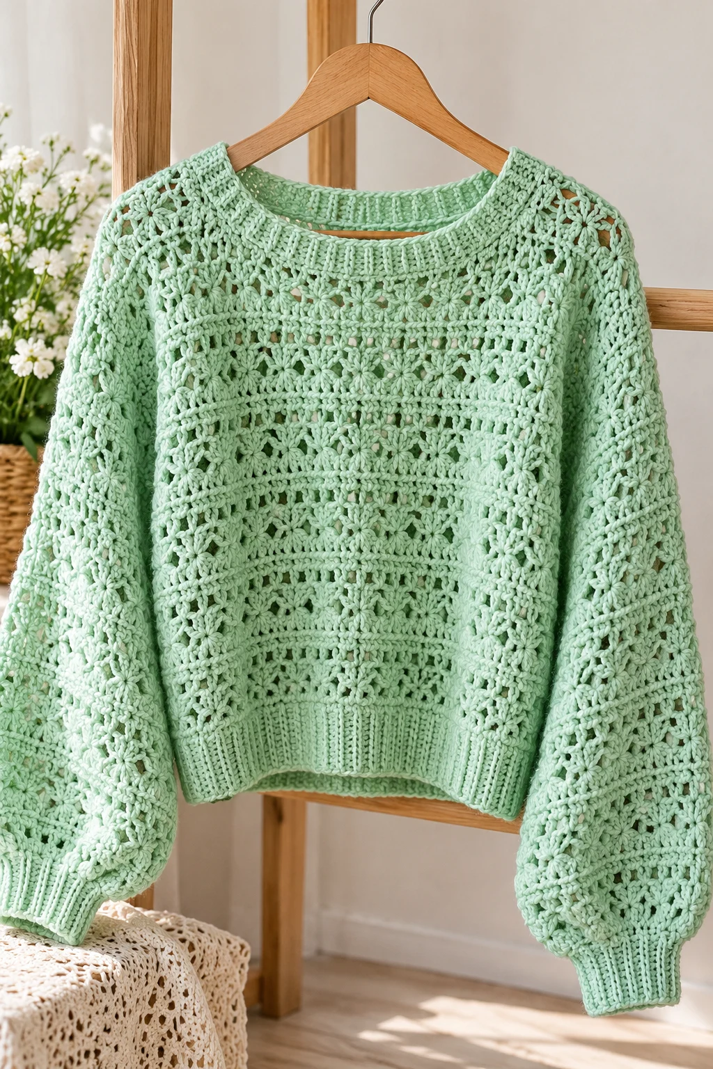 Mint Green Lightweight Spring Sweater — green crochet sweater with yarn style outfit