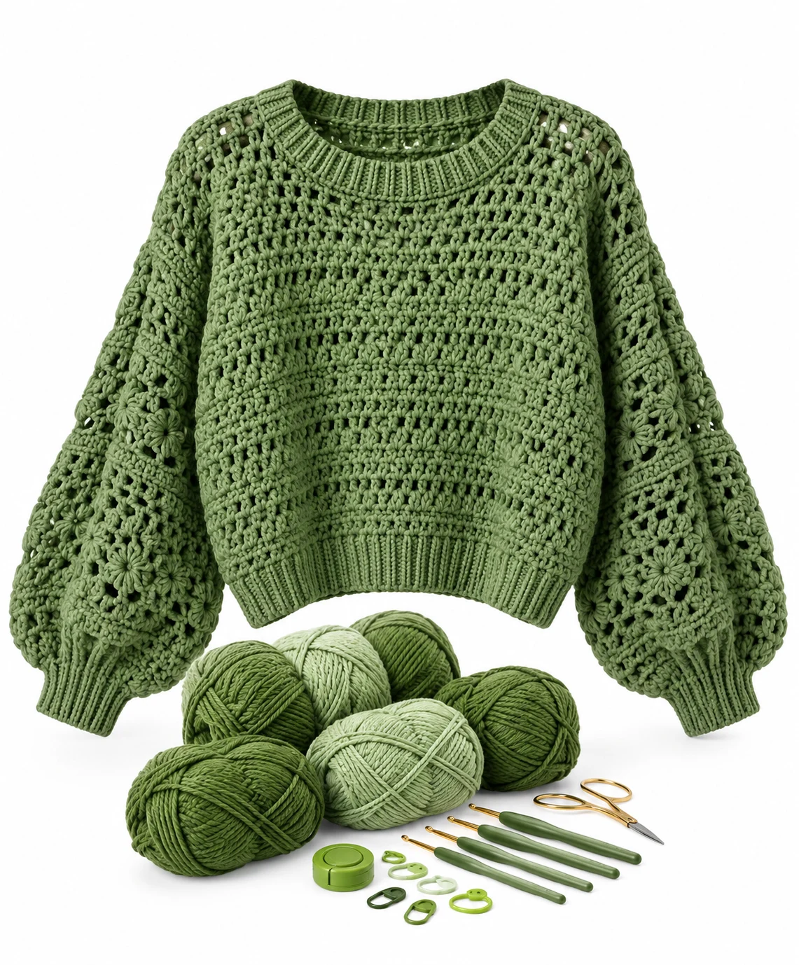 Shop: green crochet sweater with yarn accessories