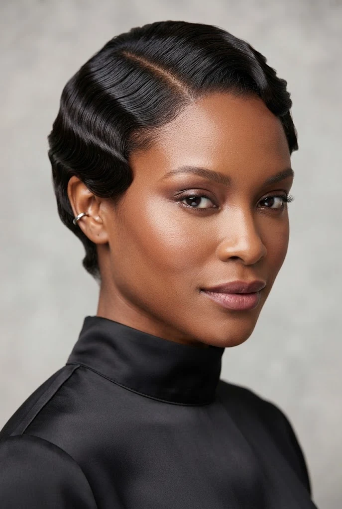 The Sleek Side-Parted Finger Waves — hairstyles for short 4C Afro hair style outfit