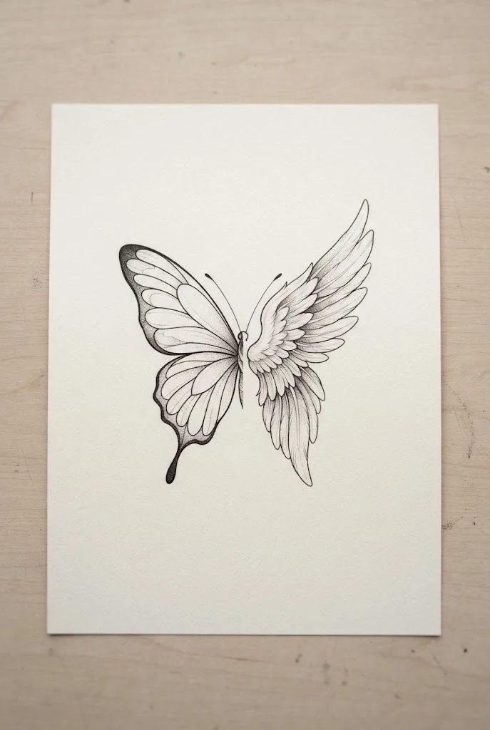 Minimalist Fine-Line Split — half butterfly half angel wing tattoo style outfit