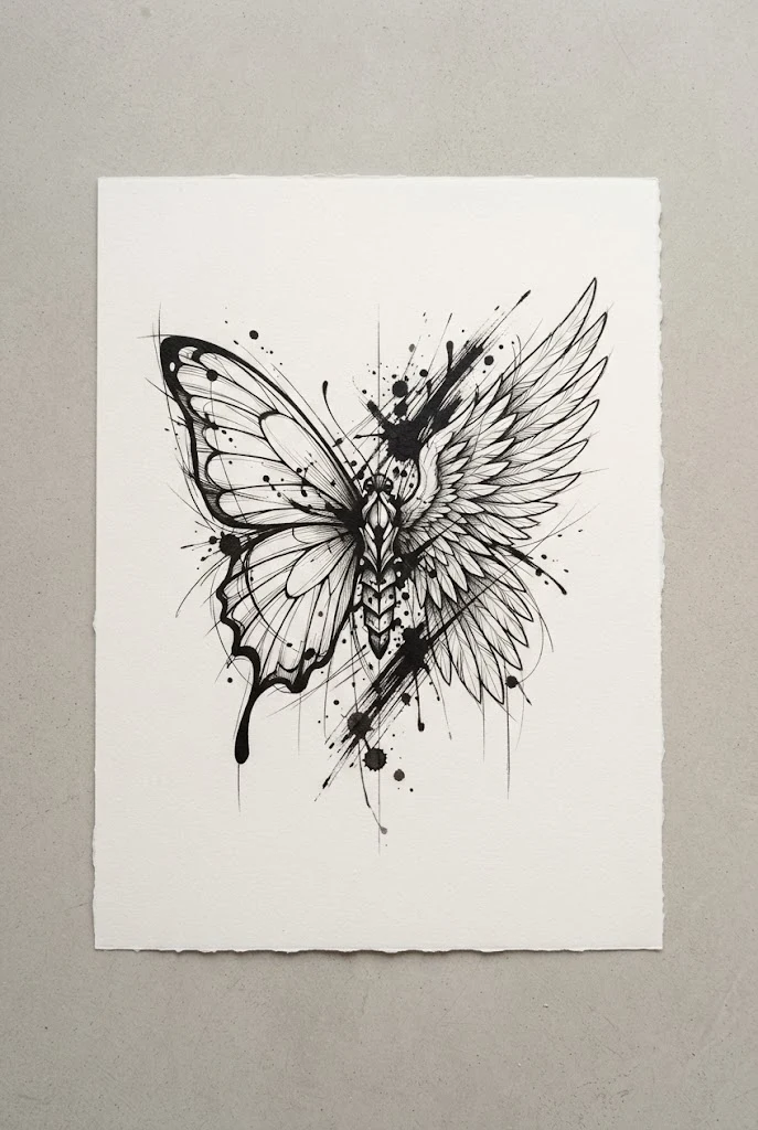 Abstract Brushstroke Chaos — half butterfly half angel wing tattoo style outfit