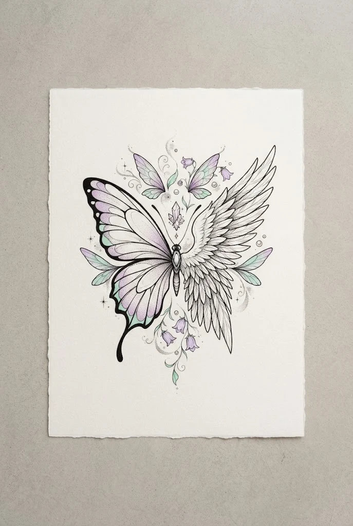 Illustrative Fairycore Dreamscape — half butterfly half angel wing tattoo style outfit