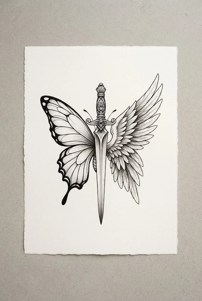 Dagger-Pierced Dual Wing — half butterfly half angel wing tattoo style outfit