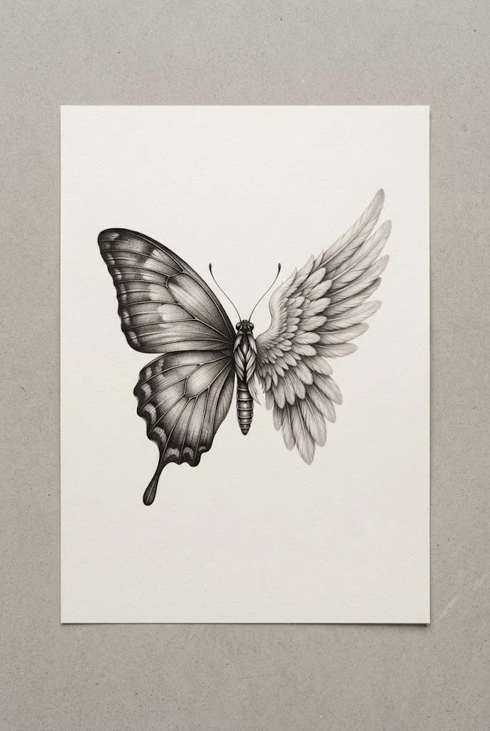 Micro-Realism Portrait Blend — half butterfly half angel wing tattoo style outfit