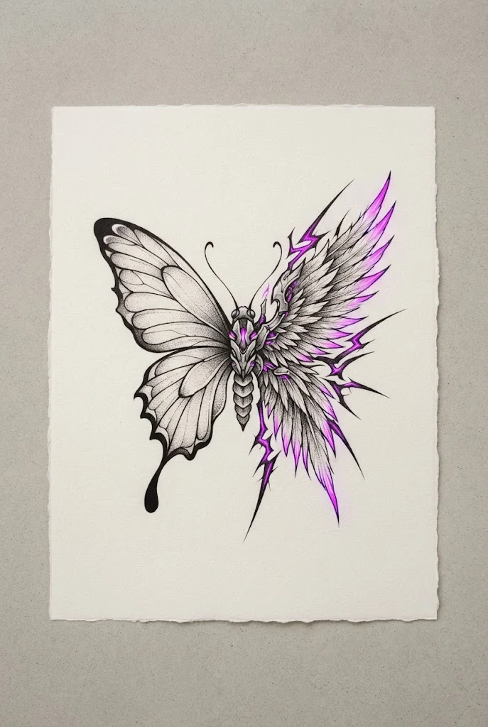 Neon Cyber-Sigilism Fusion — half butterfly half angel wing tattoo style outfit