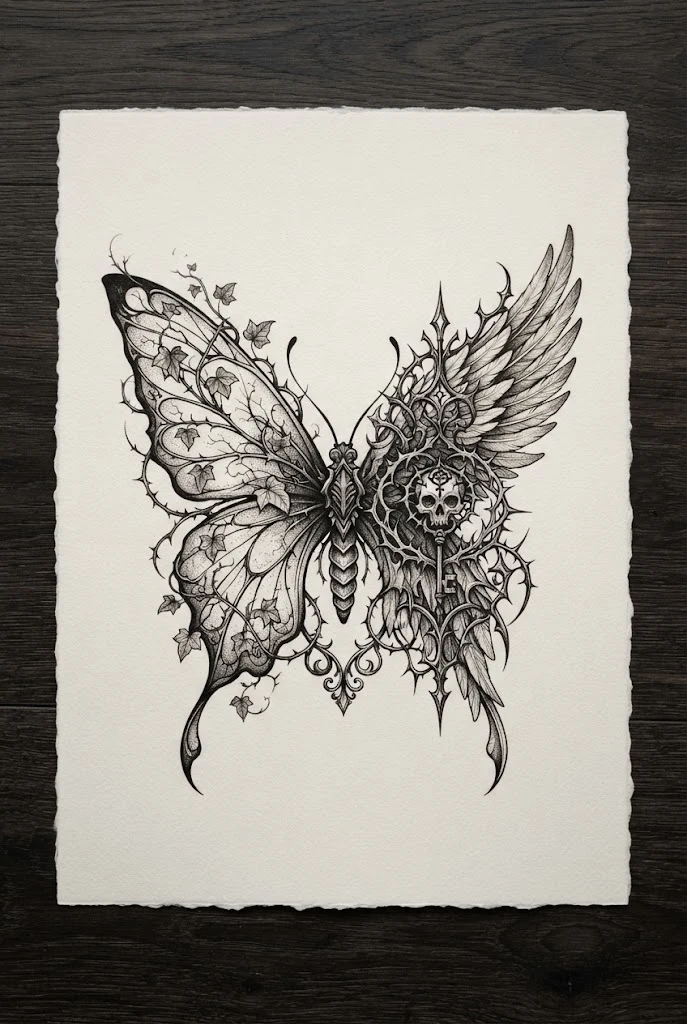 Gothic Dark Academia Wings — half butterfly half angel wing tattoo style outfit
