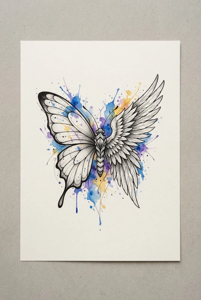 Watercolor Splatter Symphony — half butterfly half angel wing tattoo style outfit