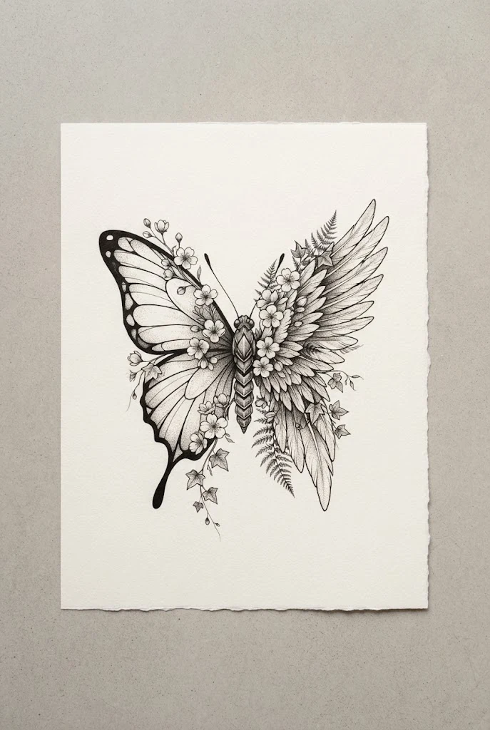 Botanical Garden Hybrid — half butterfly half angel wing tattoo style outfit