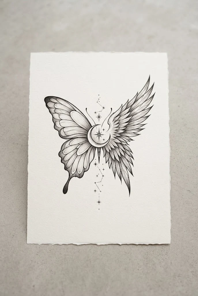 Celestial Moon and Stars Centerpiece — half butterfly half angel wing tattoo style outfit