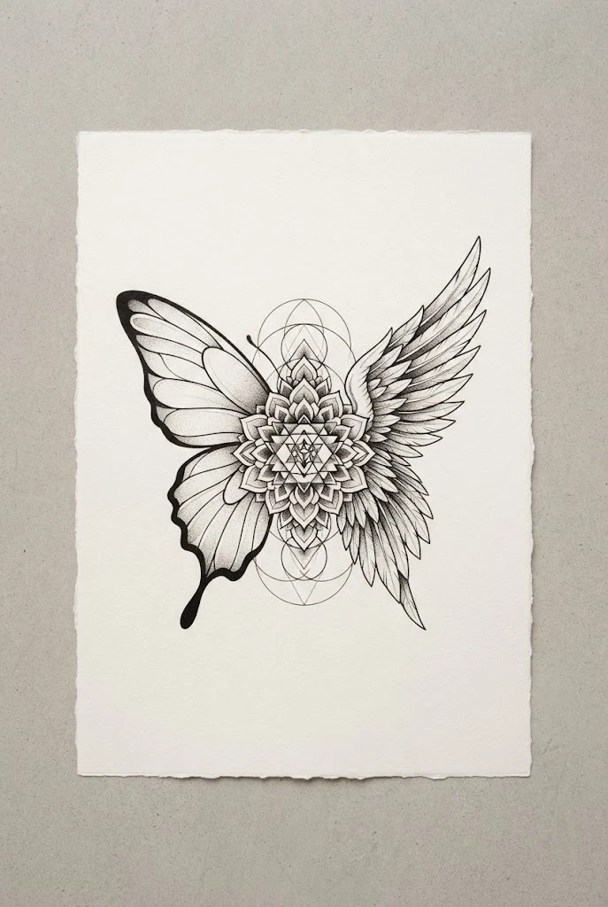 Geometric Sacred Symmetry — half butterfly half angel wing tattoo style outfit