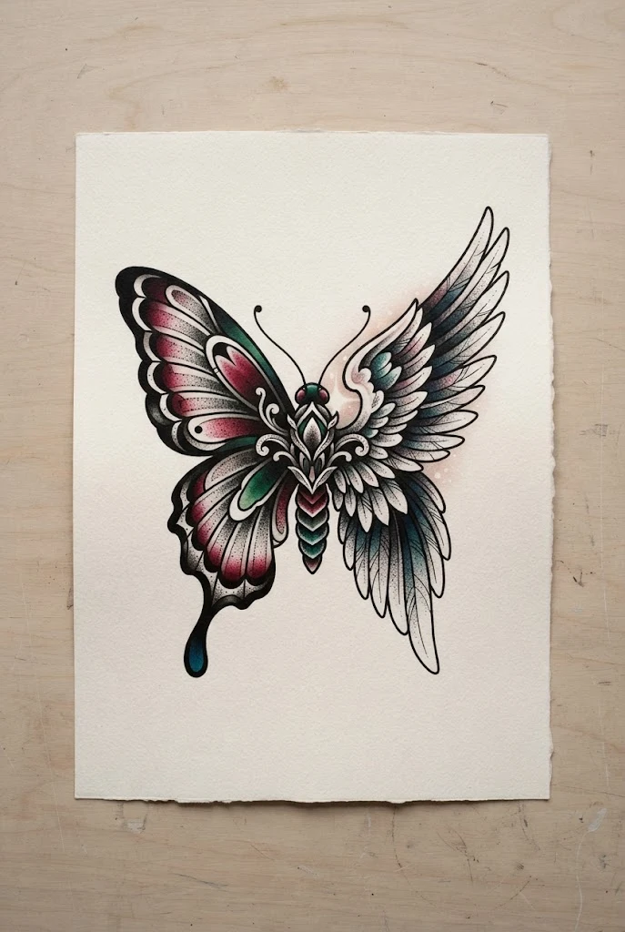 Neo-Traditional Bold Outline — half butterfly half angel wing tattoo style outfit