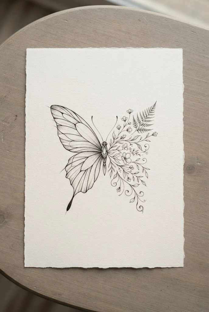 Minimalist Fine Line Half Butterfly Half Flower Tattoo Design — half butterfly half flower tattoo design style outfit