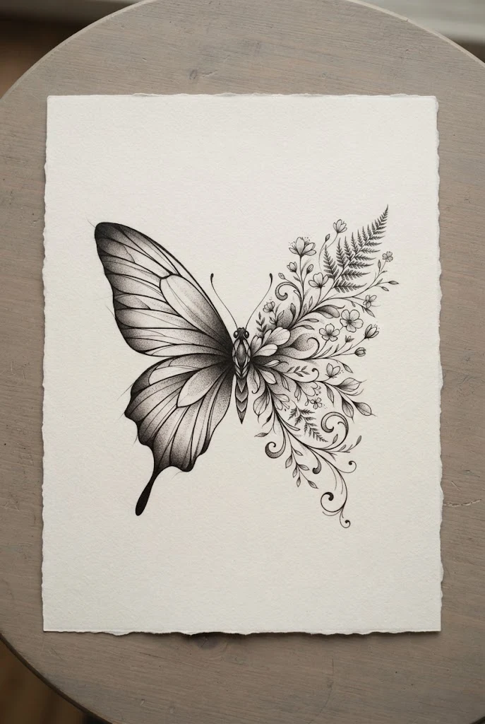 Black and Grey Shaded Half Butterfly Half Flower Tattoo Design — half butterfly half flower tattoo design style outfit
