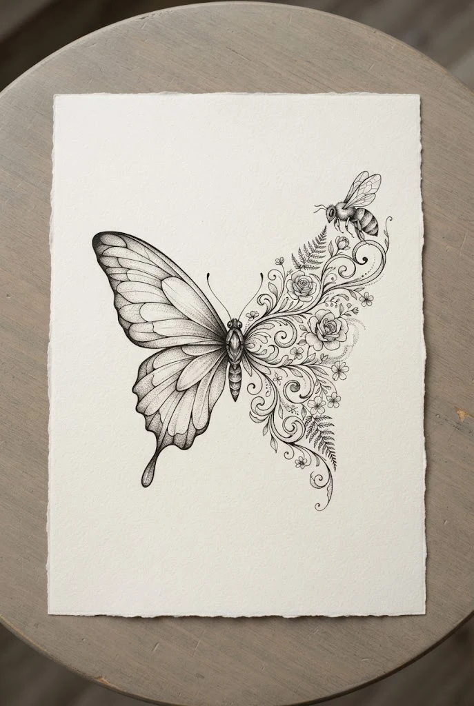 Dual Insect Companion Layout — half butterfly half flower tattoo design style outfit
