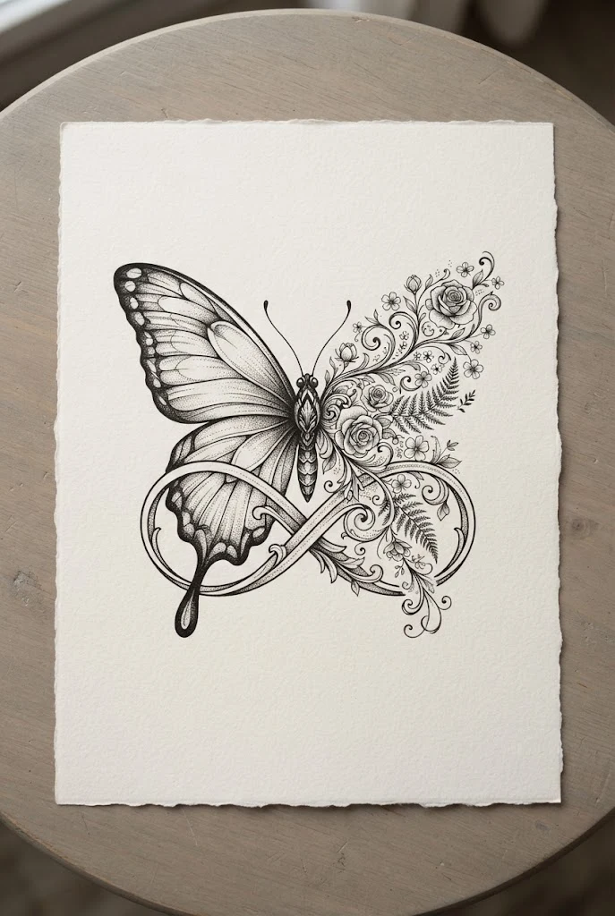 Infinity Loop and Botanical Integration — half butterfly half flower tattoo design style outfit