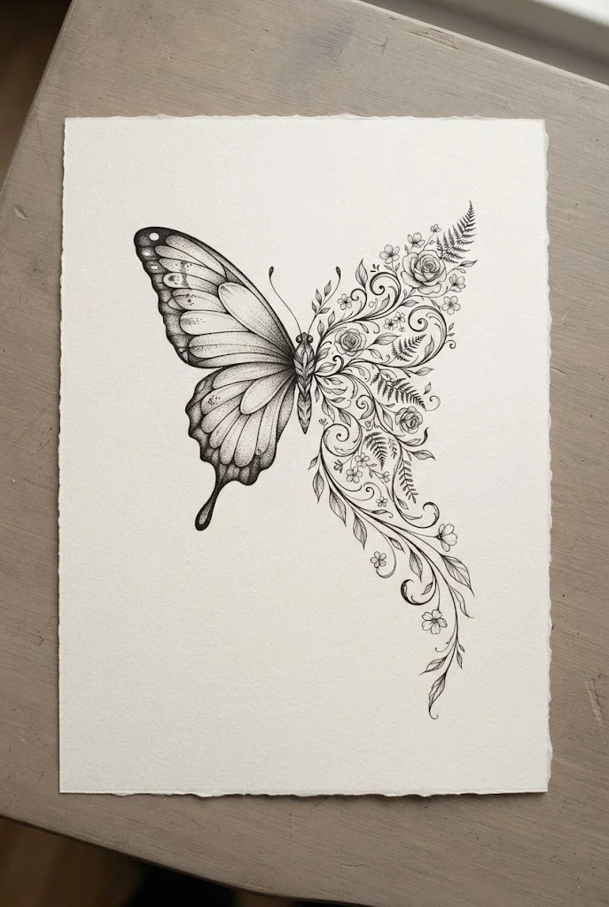 Extended Waistline Wing Sweep — half butterfly half flower tattoo design style outfit