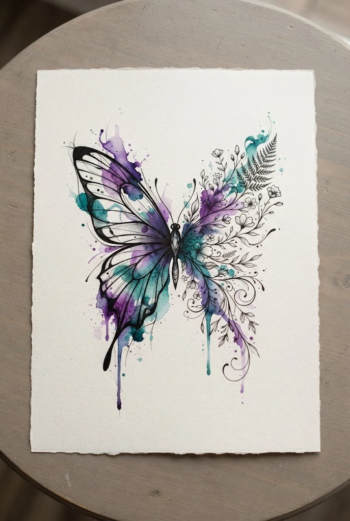 Watercolor Splash Violet and Teal Half Butterfly Half Flower Tattoo Design — half butterfly half flower tattoo design style outfit