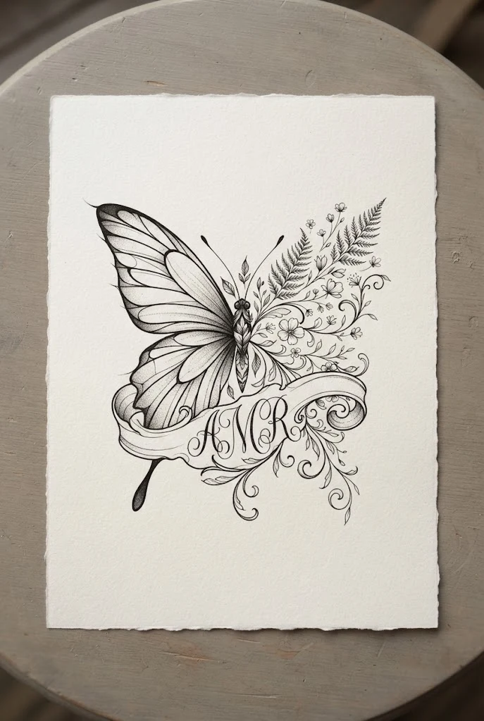 Cursive Banner Rib Monogram Half Butterfly Half Flower Tattoo Design — half butterfly half flower tattoo design style outfit