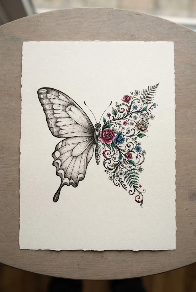 Neo-Traditional Bold Floral Morph — half butterfly half flower tattoo design style outfit