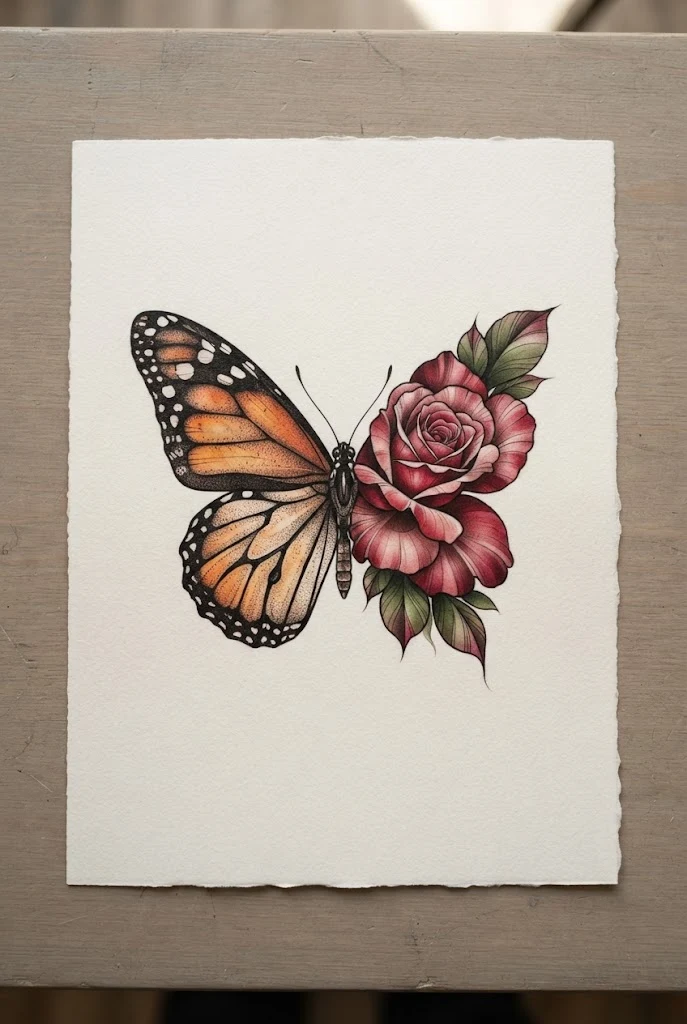 Realistic Rose and Monarch Wing Integration — half butterfly half flower tattoo design style outfit