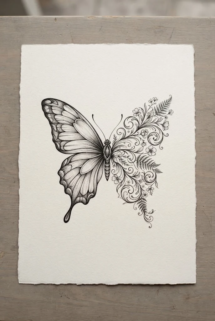 Symmetrical Botanical Hybrid Composition — half butterfly half flower tattoo design style outfit