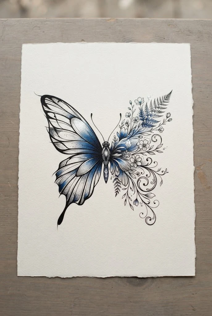 Sapphire Blue and Silver Metallic Half Butterfly Half Flower Tattoo Design — half butterfly half flower tattoo design style outfit