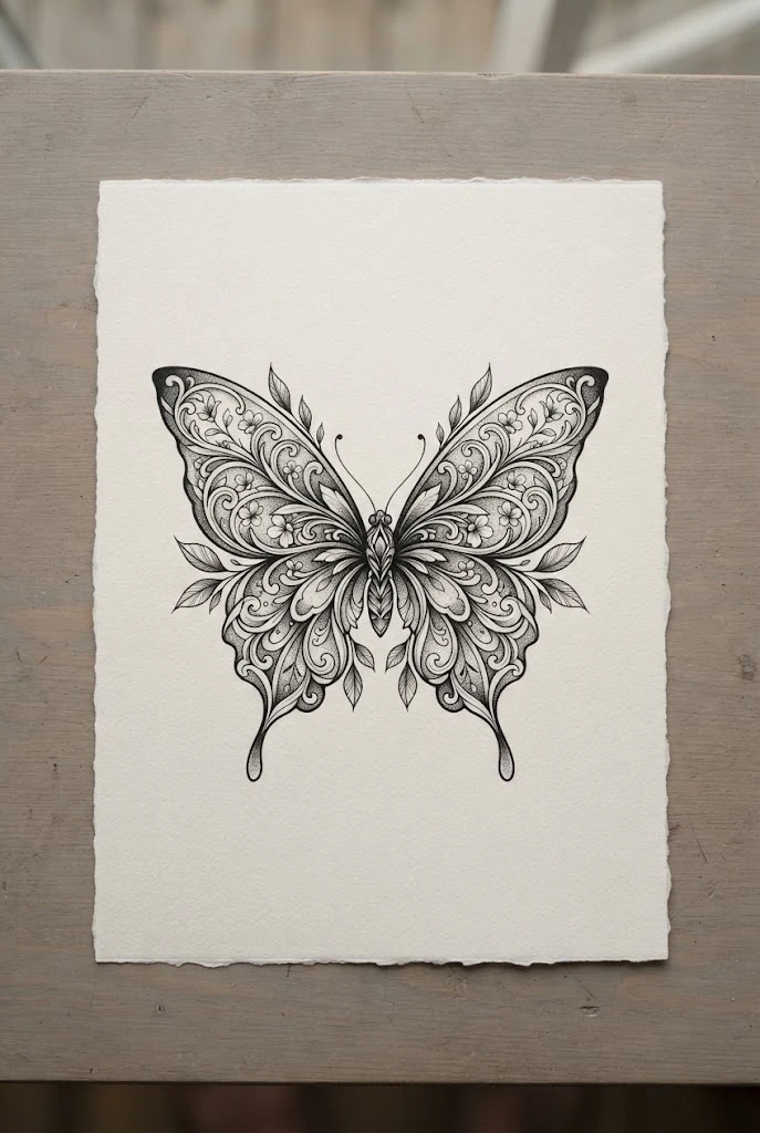 Symmetrical Wing Spread Botanical Piece — half butterfly half flower tattoo design style outfit