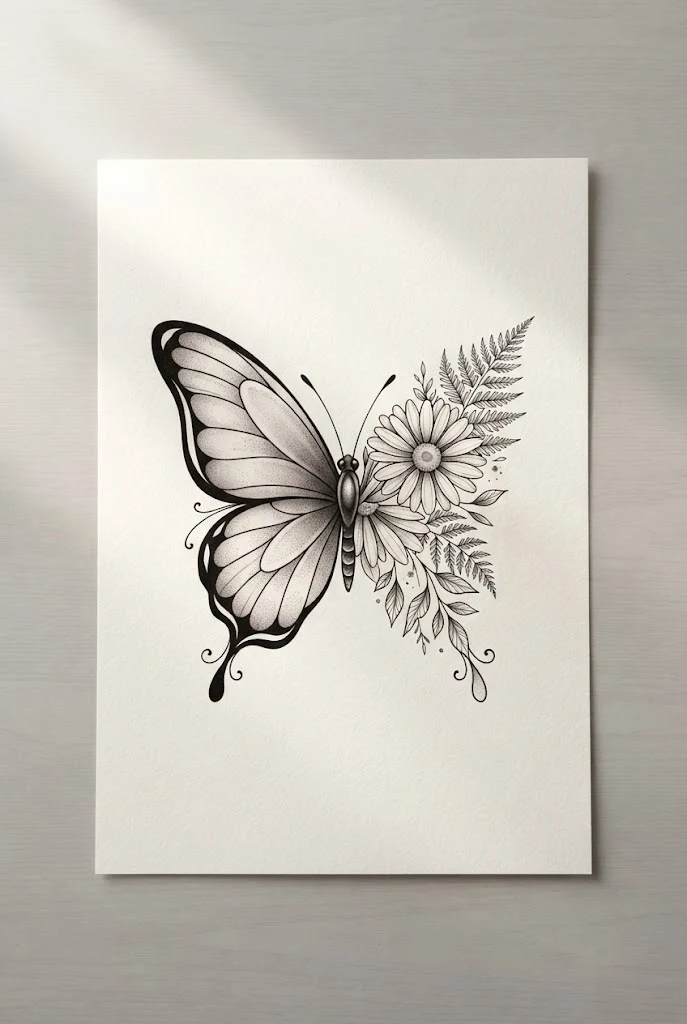 Minimalist Fine-Line Split Flora — half flower half butterfly tattoo style outfit