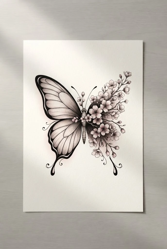 Cherry Blossom Spring Awakening Art — half flower half butterfly tattoo style outfit