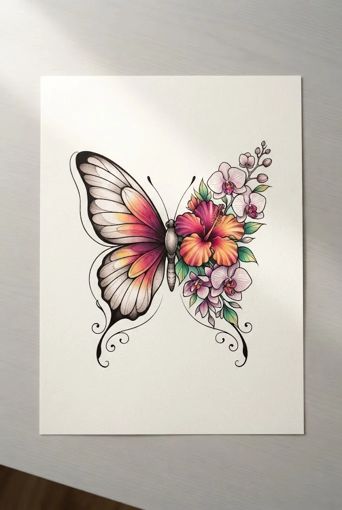 Tropical Hibiscus and Orchid Mix — half flower half butterfly tattoo style outfit