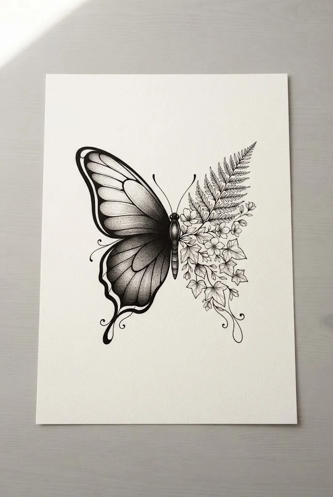 Blackwork Botanical Silhouette — half flower half butterfly tattoo style outfit